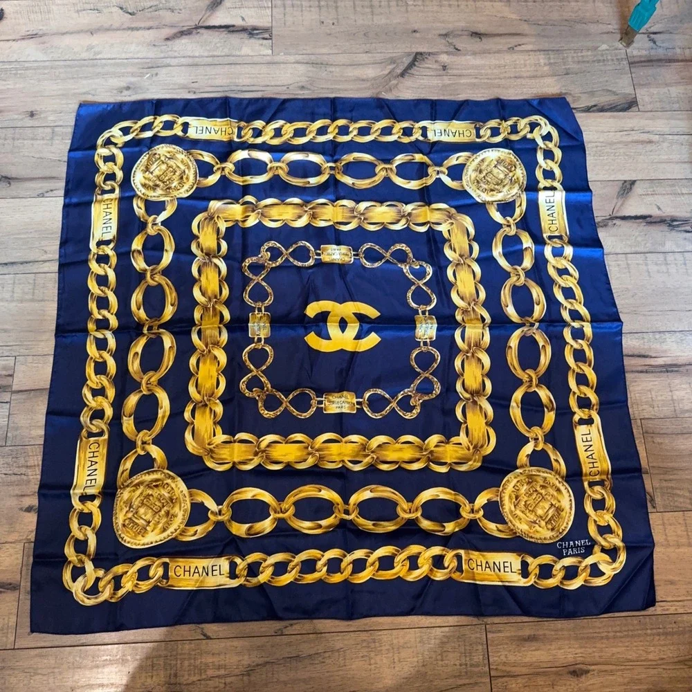 Chanel CC Gold Chain Medallion Silk Square Scarf Navy Blue